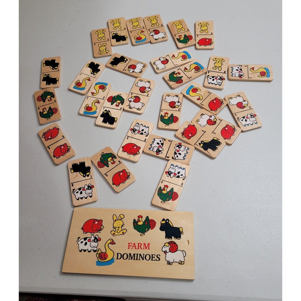 Farm Animals Wooden Dominoes Set 28 Pieces Sliding Lid Storage Box Excellent